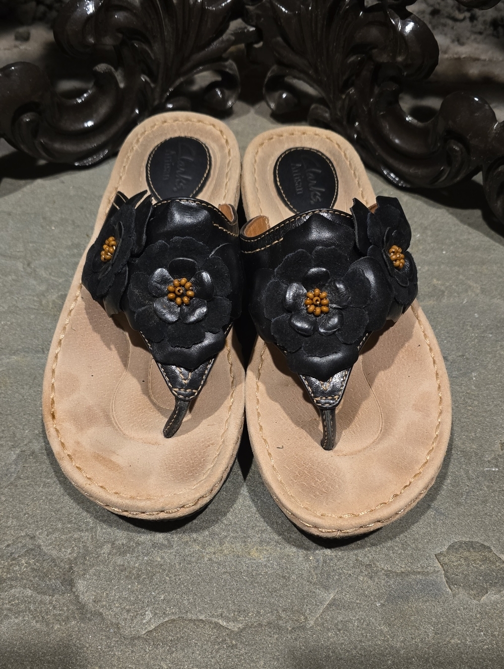 Clarks Artisan Black Floral Leather Thong Sandals with Beige Footbed